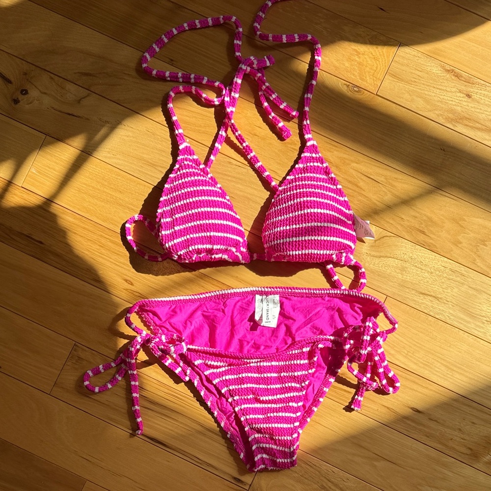 Lucky Brand Girls Pink & White Striped Tie-Side Bikini